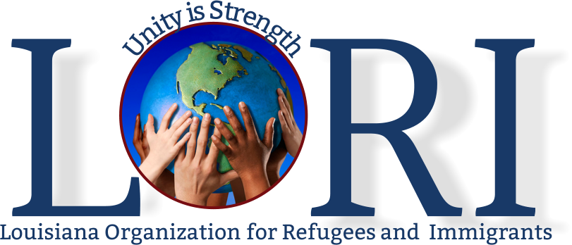 Logo of the Louisiana Organization for Refugees and Immigrants (LORI), with hands on a globe; the words
