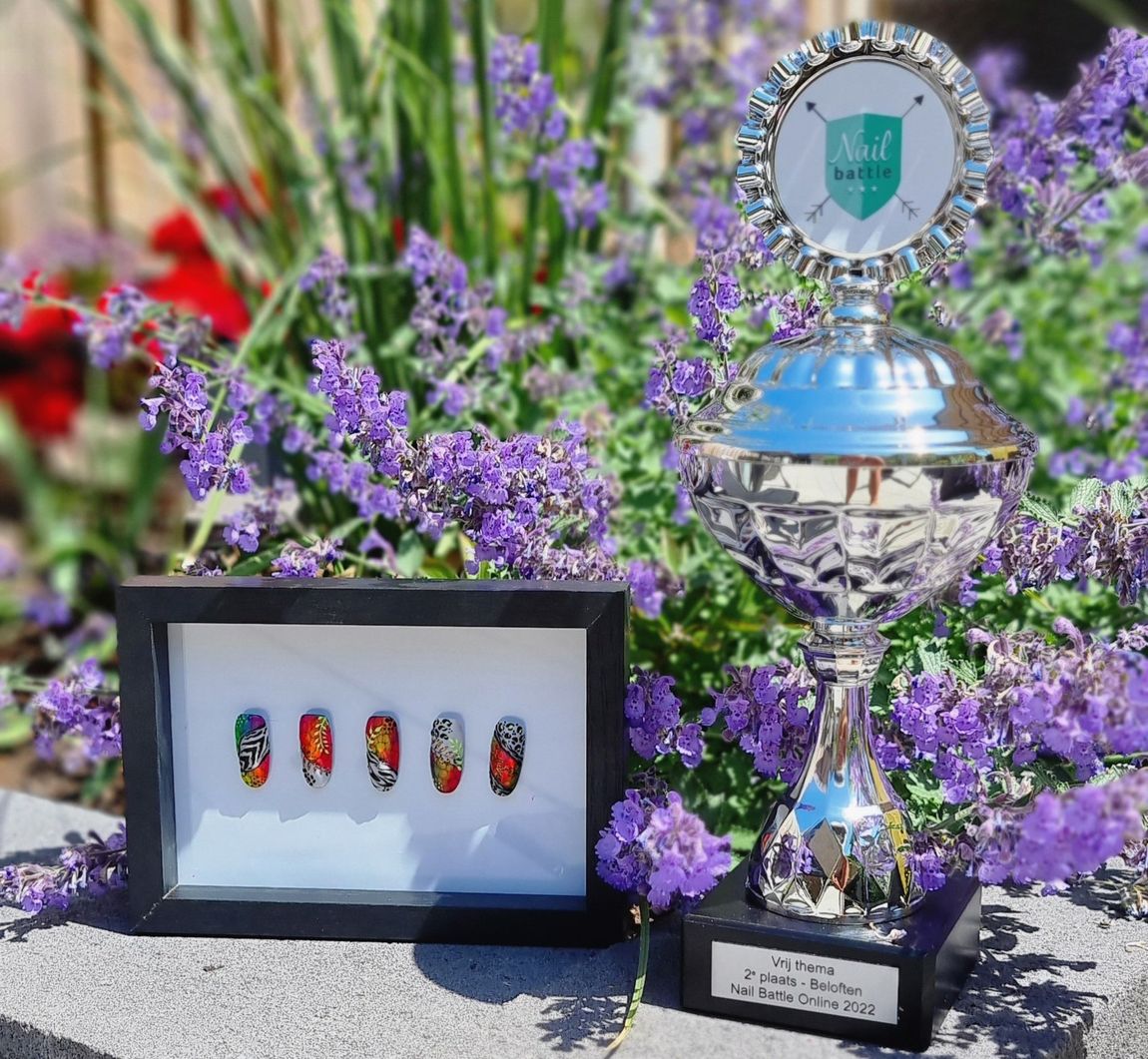 Een ingelijste foto van nagels naast een trofee