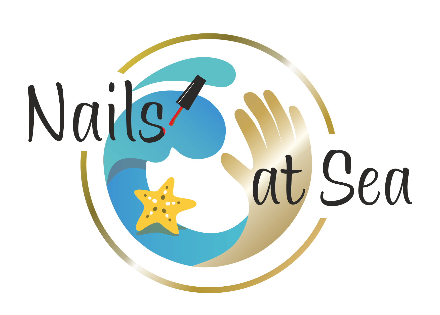 Een logo voor nagels op zee met twee handen en een zeester