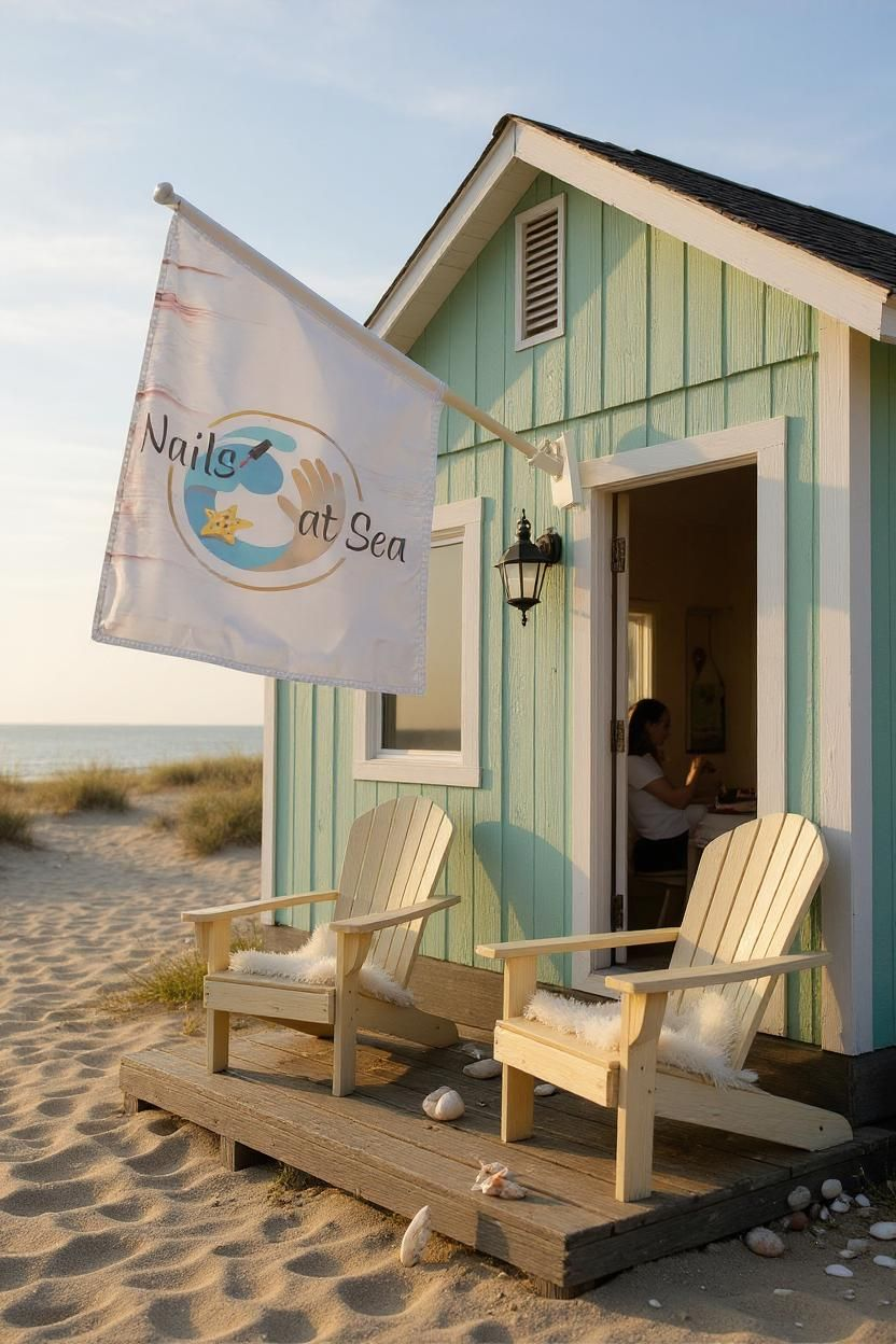 Een lichtgroen strandhuisje met een vlag met de tekst 