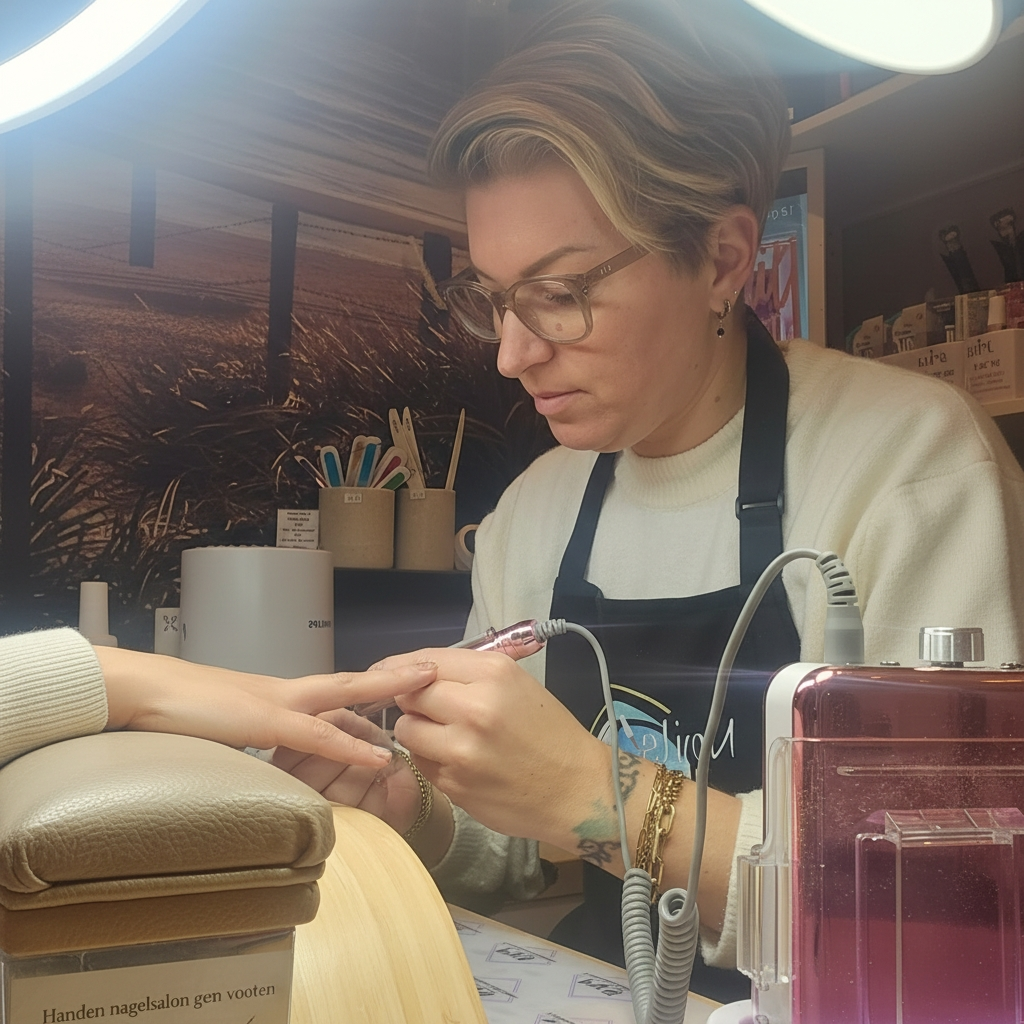 Een persoon met een bril en een zwart schort bewerkt de nagels van een klant met een elektrische vijl aan een salontafel.