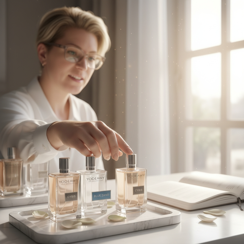 In een lichte kamer raakt iemand een van de drie glazen parfumflesjes aan die op een wit dienblad naast een notitieboekje staan.