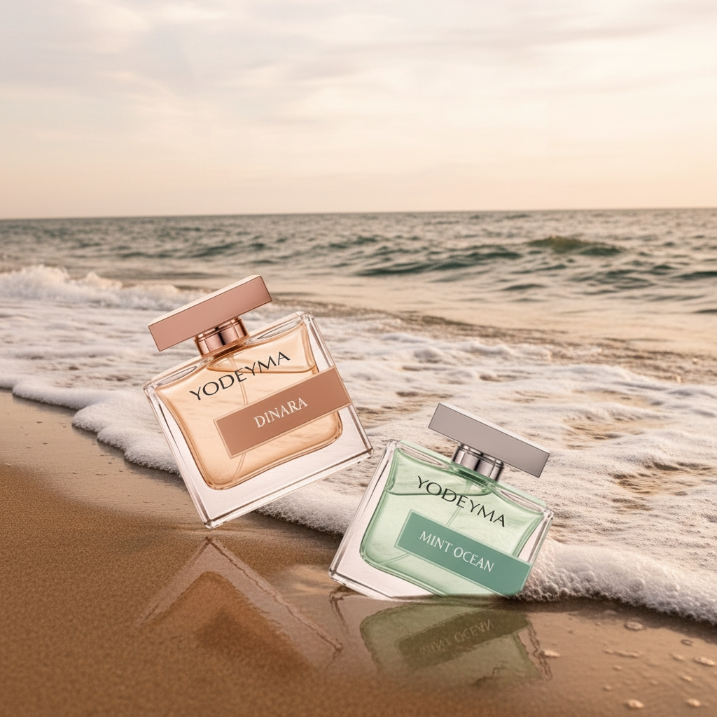 Twee parfumflesjes in roségoud en mintgroen staan op een zandstrand bij zonsondergang, met de zachte golven van de oceaan op de achtergrond.