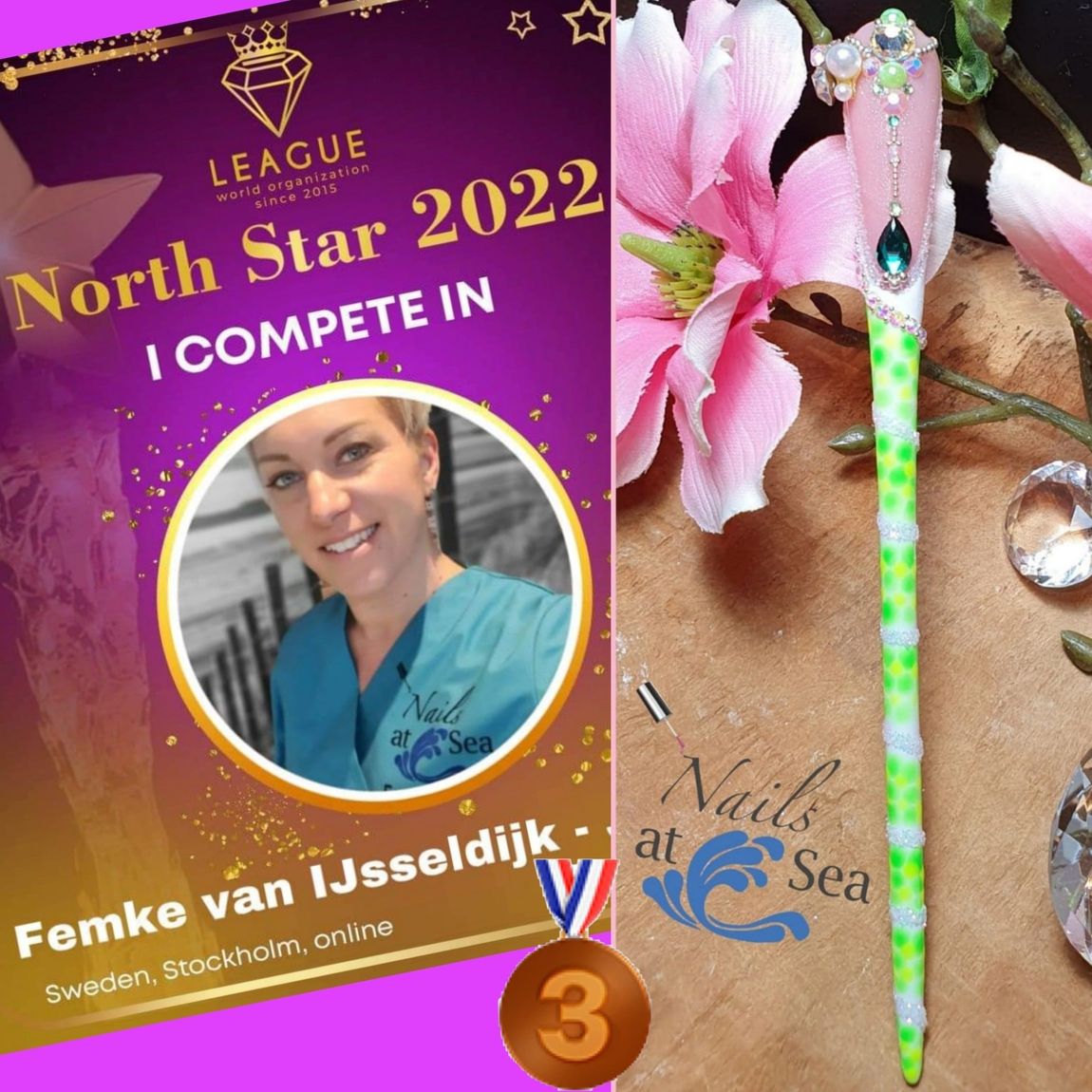 Een foto van een vrouw naast een bord met de tekst Poolster 2022