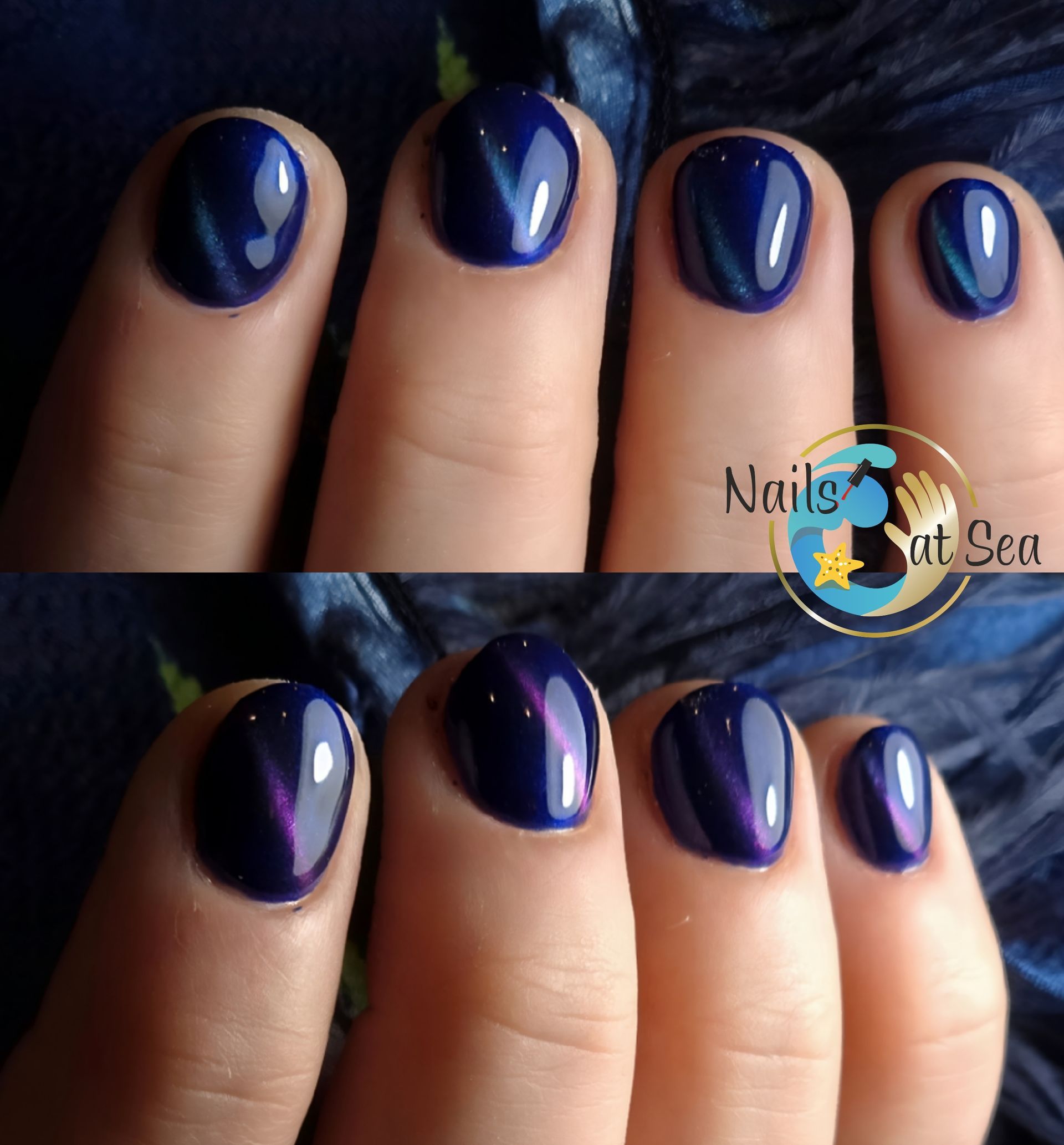 Een close-up van de nagels van een persoon met de woorden nagels op zee op de bodem