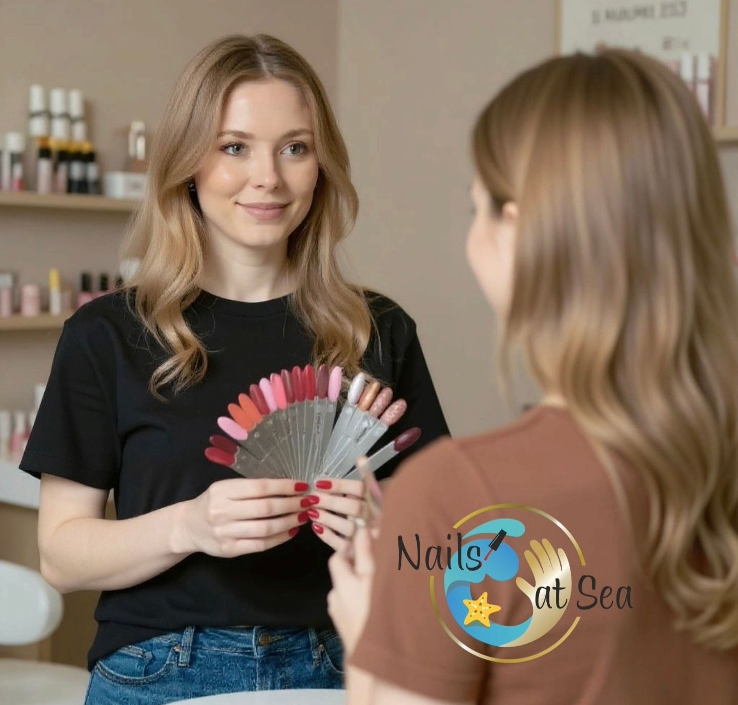 Een professional laat een nagellakkleurenpalet aan een klant zien in een schoonheidssalon, met daarop een rond bedrijfslogo.