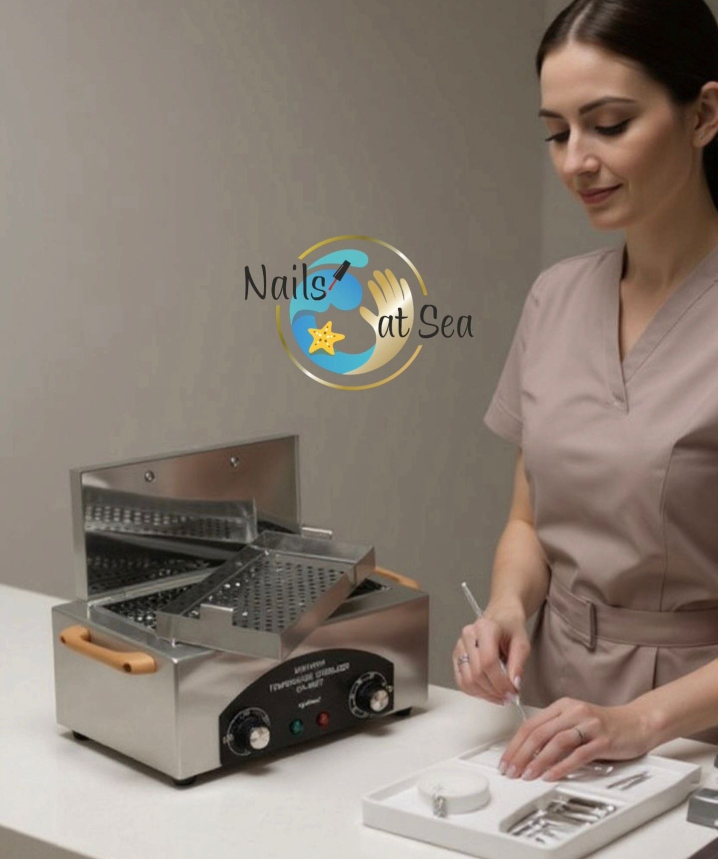 Een persoon in een neutraal gekleurd uniform bereidt metalen gereedschappen voor met behulp van een roestvrijstalen hogetemperatuursterilisator.