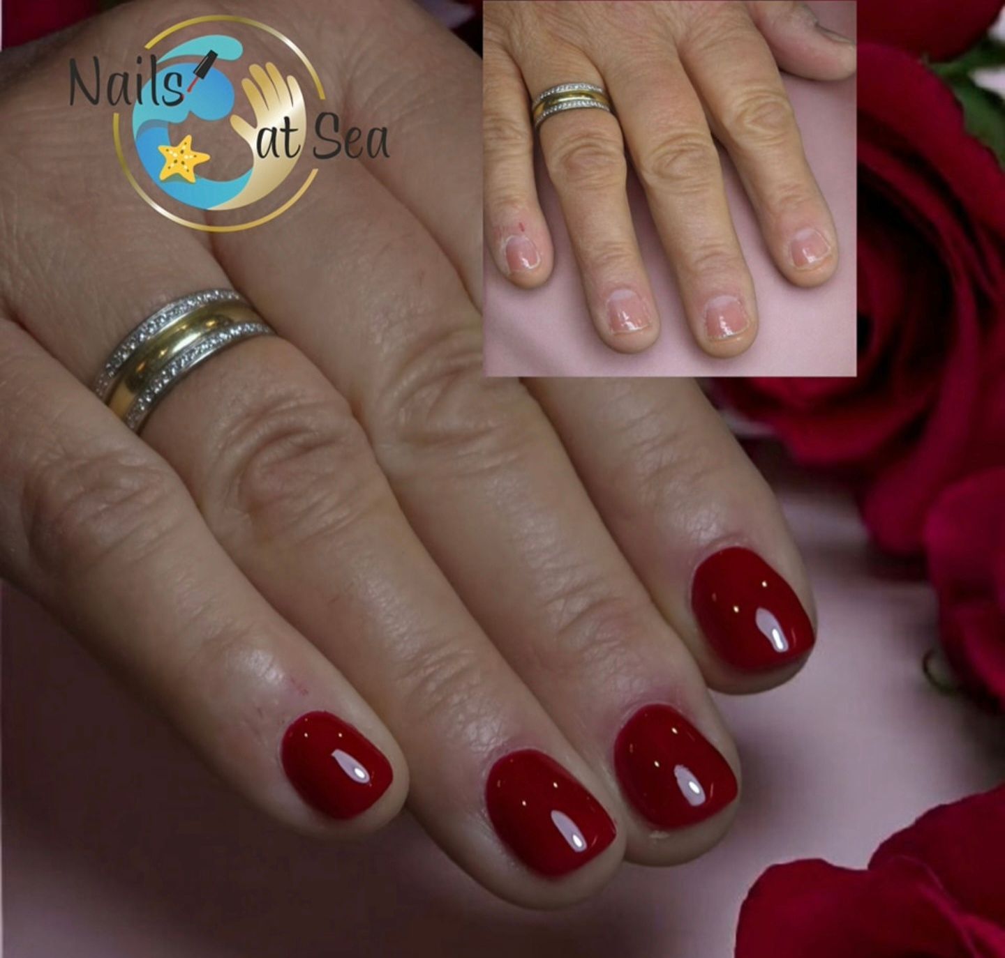 Een gesplitst beeld toont een hand voor en na een dieprode manicure, met rozen op de achtergrond en een bedrijfslogo eroverheen.