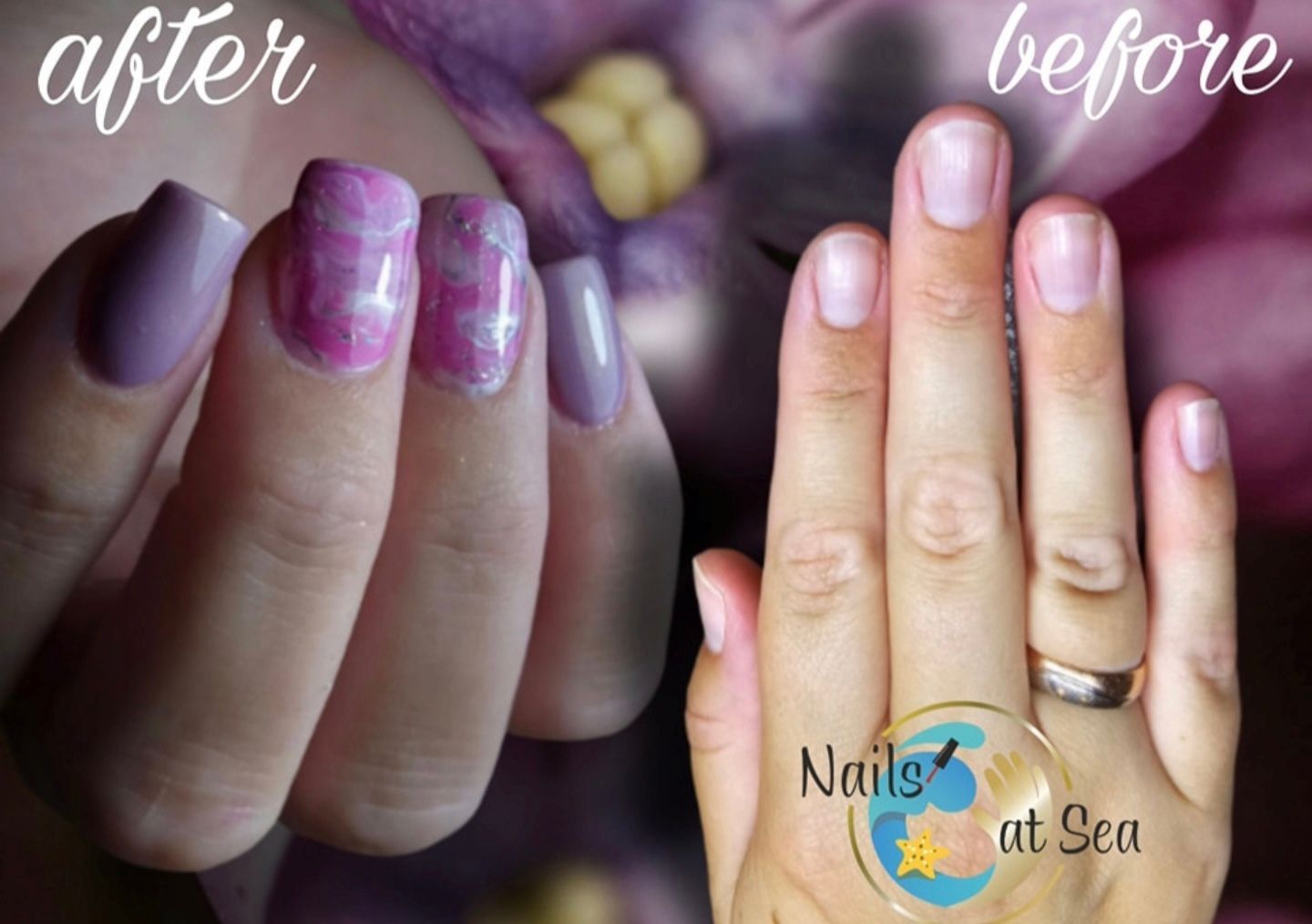 Voor en na vergelijking van een manicure met effen paarse nagels en roze marmerpatronen.