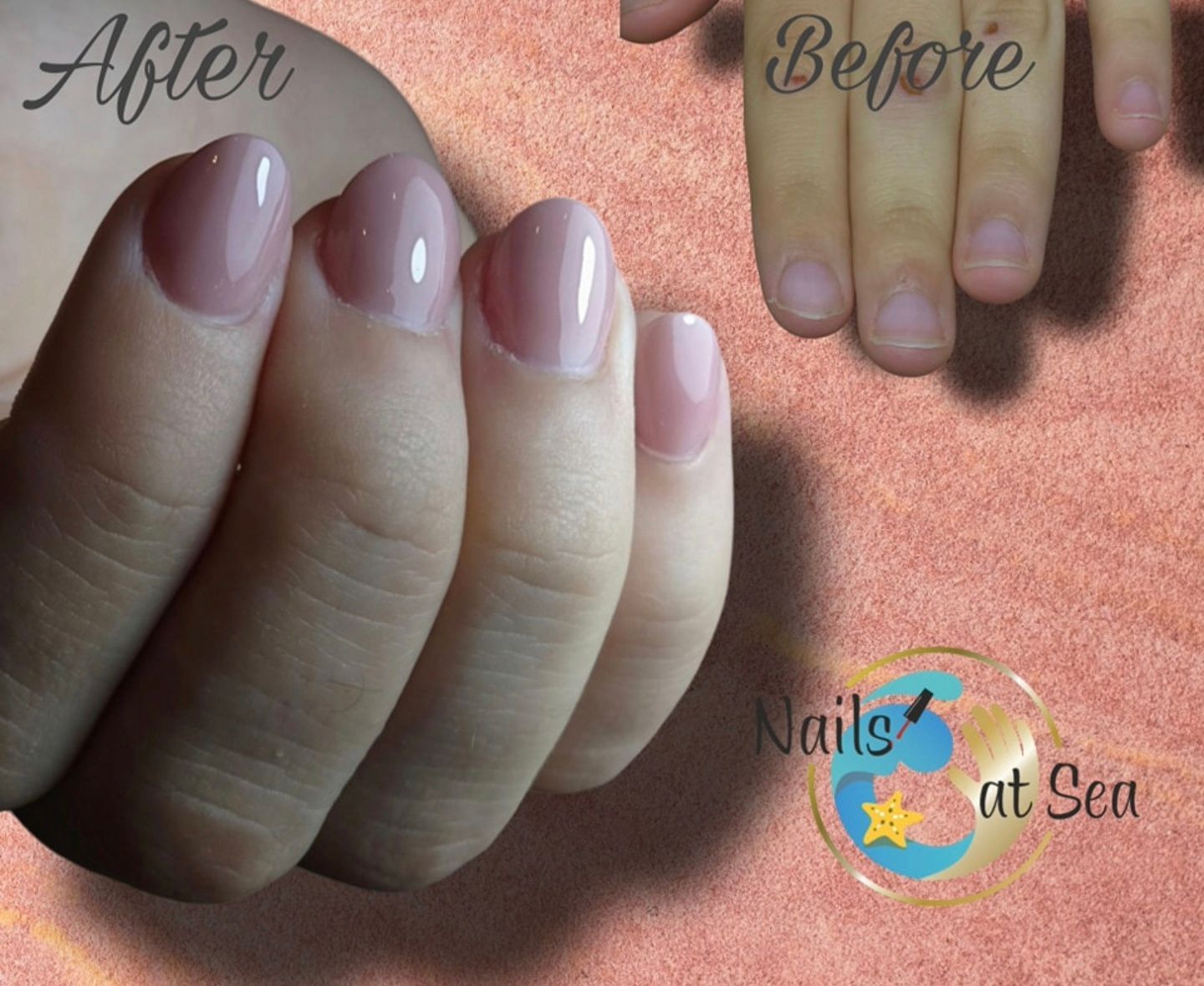 Voor en na vergelijking van korte, natuurlijke nagels getransformeerd met een glanzende, lichtroze manicure door Nails at Sea.