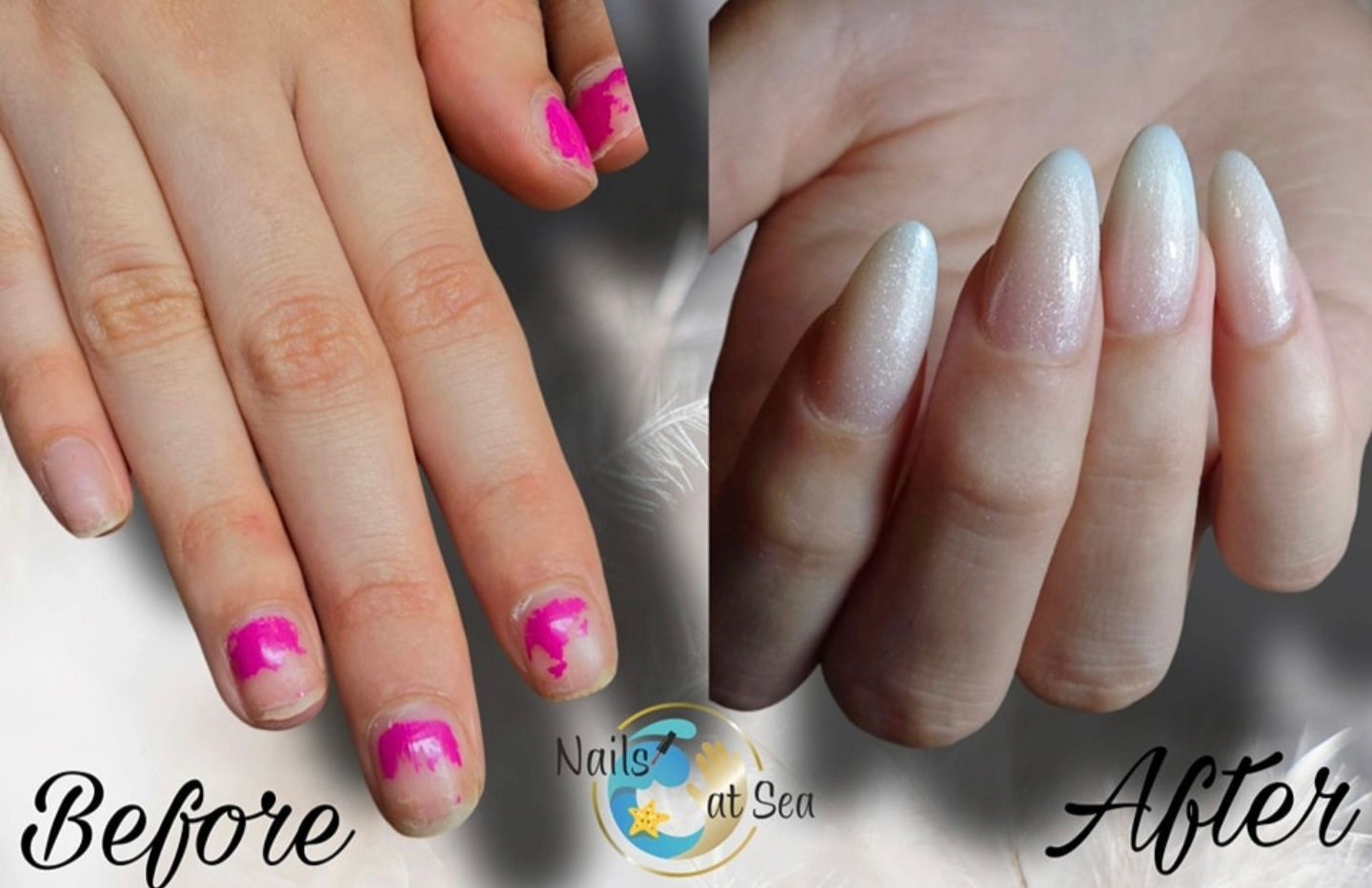 Voor en na vergelijking: natuurlijke, korte nagels met afgebladderde roze nagellak, getransformeerd tot lange, verzorgde nagels.