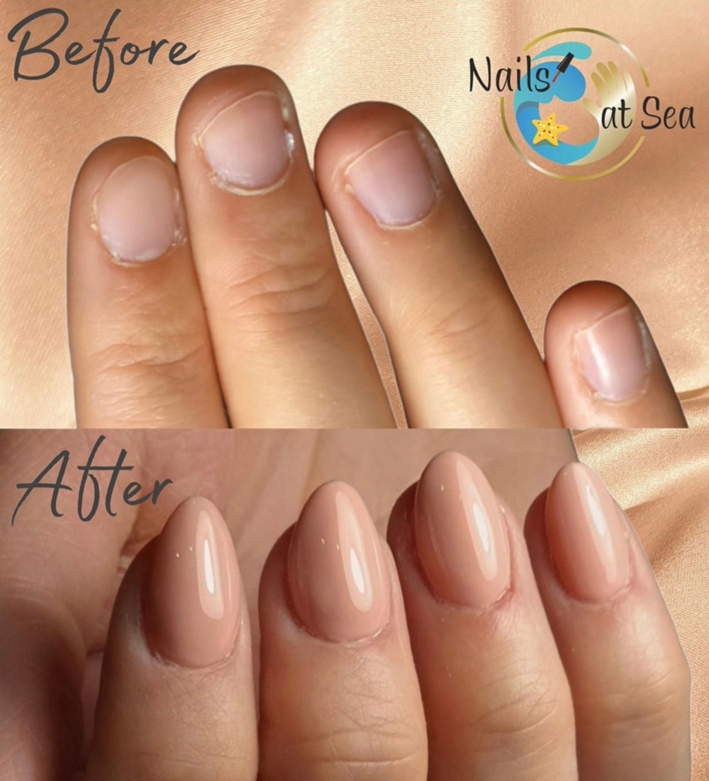 Vergelijking van korte, natuurlijke nagels vóór en na de transformatie met een gladde, glanzende, huidkleurige nagelverlenging.