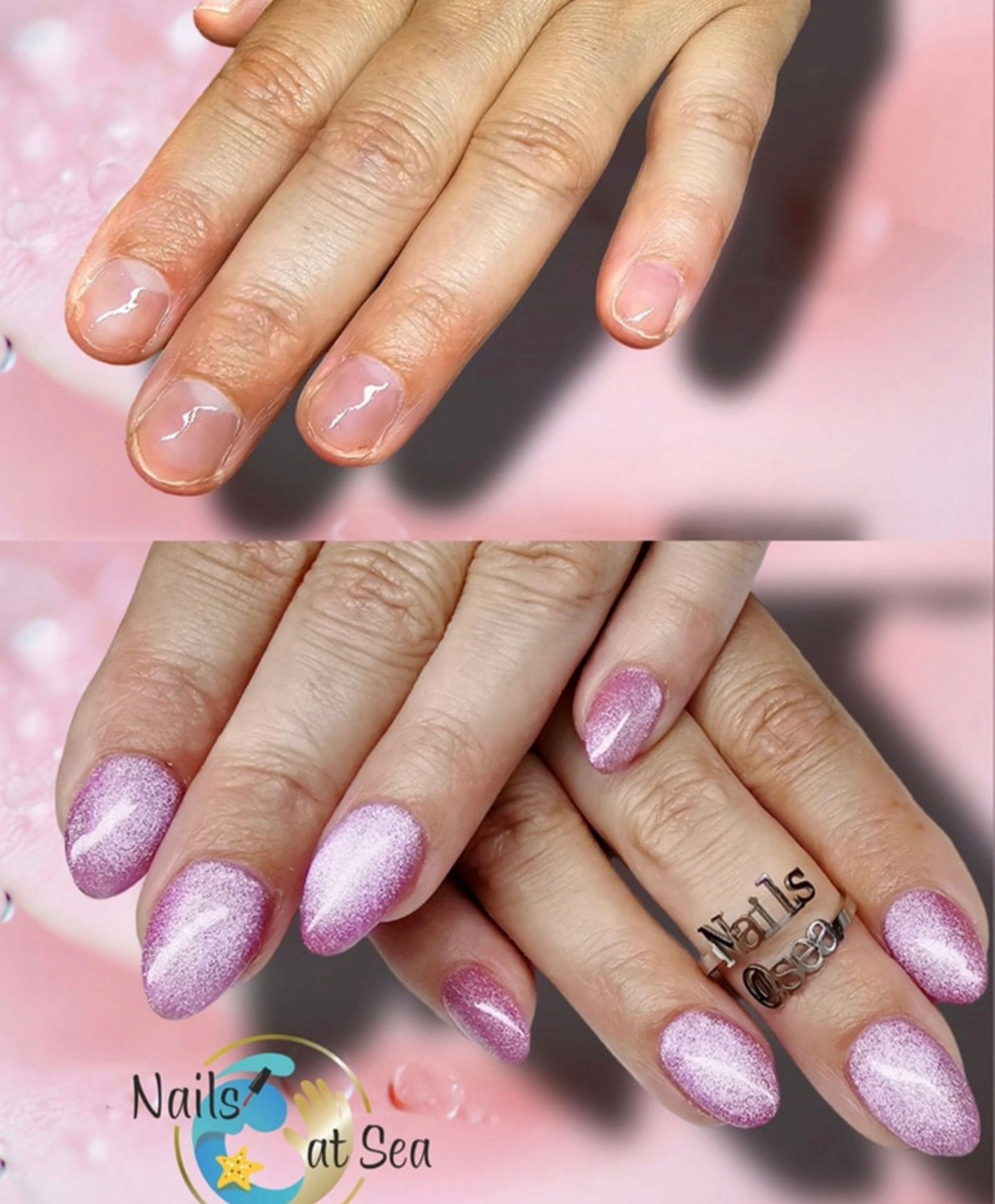 Een voor-en-na-vergelijking van een manicure waarbij natuurlijke nagels overgaan in glinsterende, lichtpaarse cat-eye nagels.