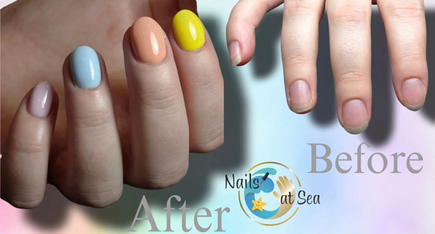 Een voor- en navergelijking van een manicure, waarbij de natuurlijke nagels overgaan in pastelkleurige, gemanicuurde nagels.