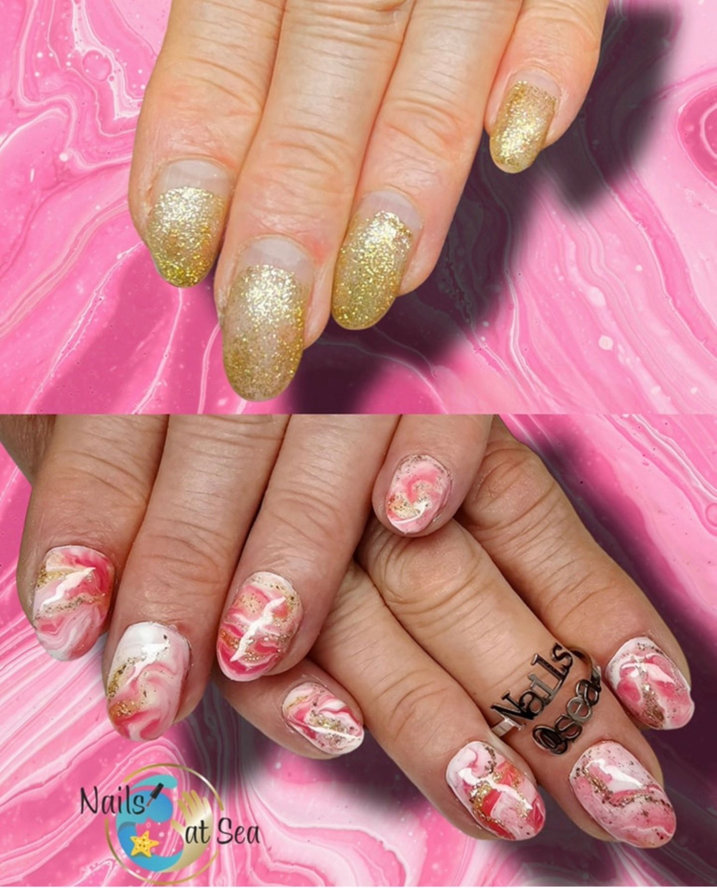Een scherm met gesplitste weergave toont gouden glitternagels met zichtbare uitgroei, die overgaan in roze en witte marmeren nagelkunst.