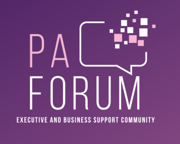 PA Forum logo on purple background with pink speech bubble and white pixel squares, “Executive and Business Support Community”
