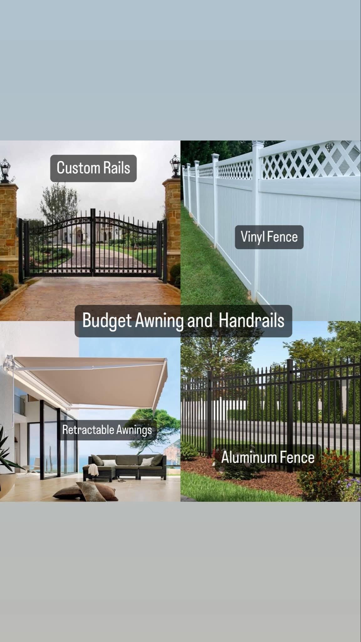 Collage of gated modern house exterior views with white and green accents, balcony, patio, and driveway