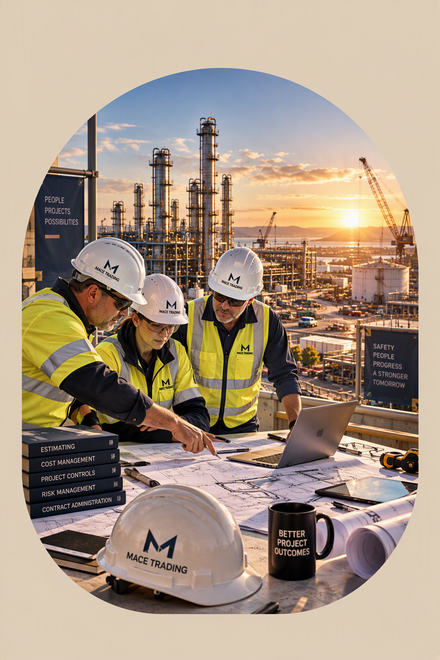 Mace Trading team reviewing technical drawings and project information in a major industrial project environment, wearing high-visibility PPE and safety hard hats.
