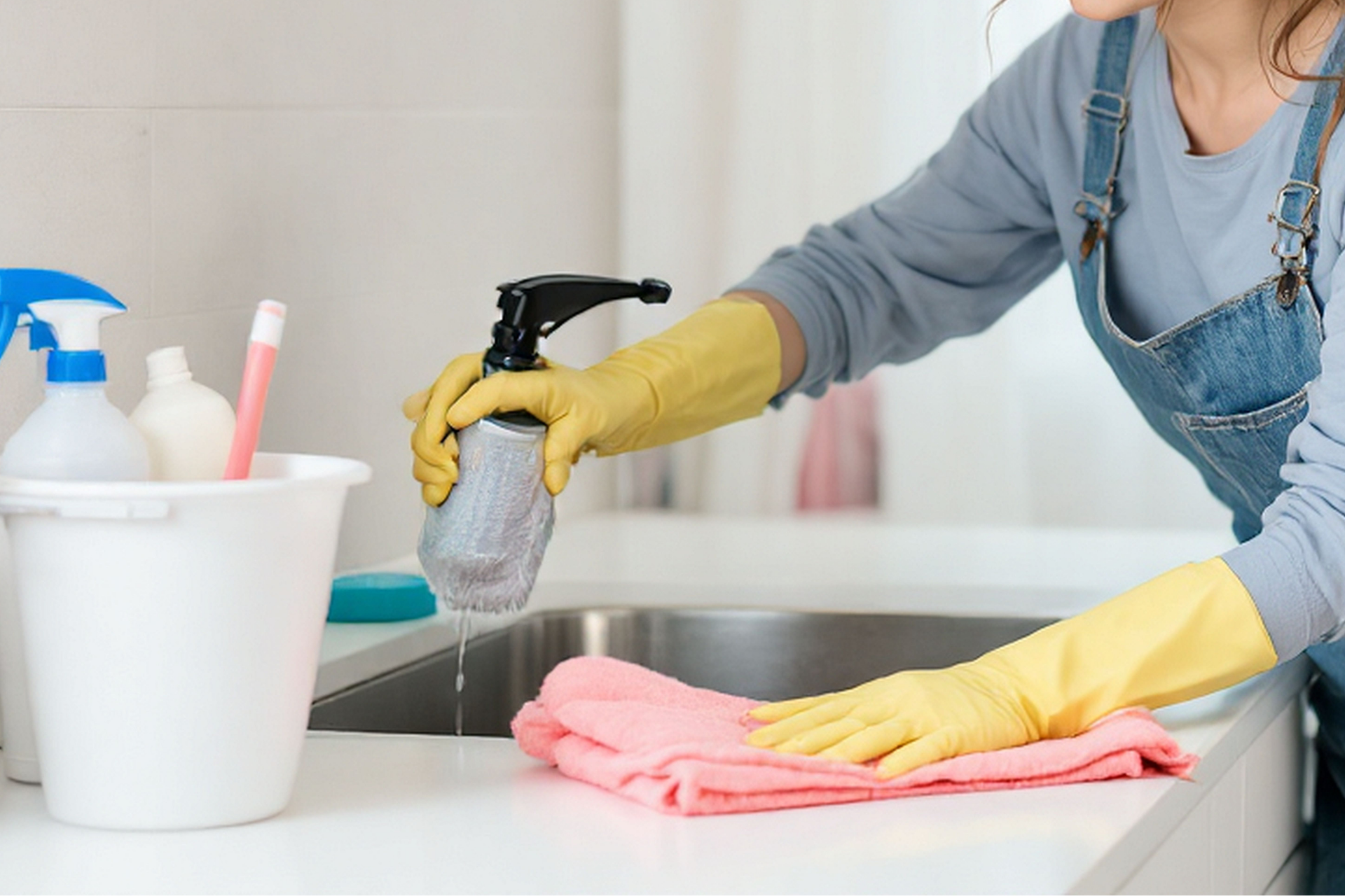 Person in yellow gloves wiping a kitchen sink with pink cloth next to cleaning supplies