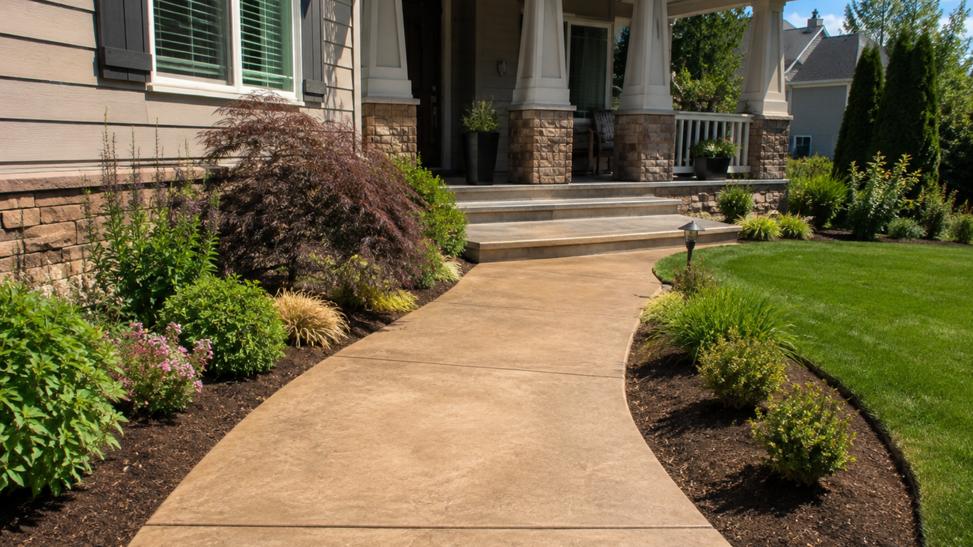 Colored concrete walkway with integral tint complementing home exterior in Silverdale WA