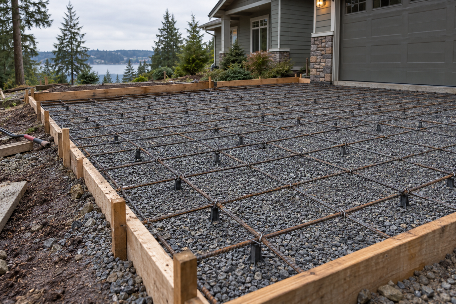 Compacted gravel base with rebar reinforcement to prevent concrete cracking in Kitsap County