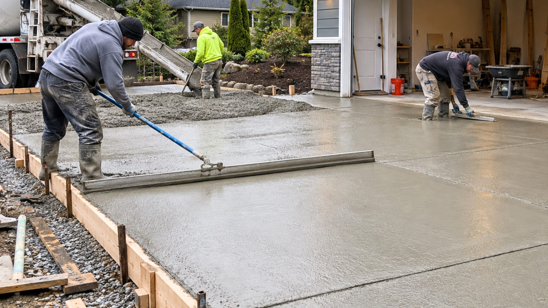 Crew pouring a concrete driveway during installation at a Silverdale WA home
