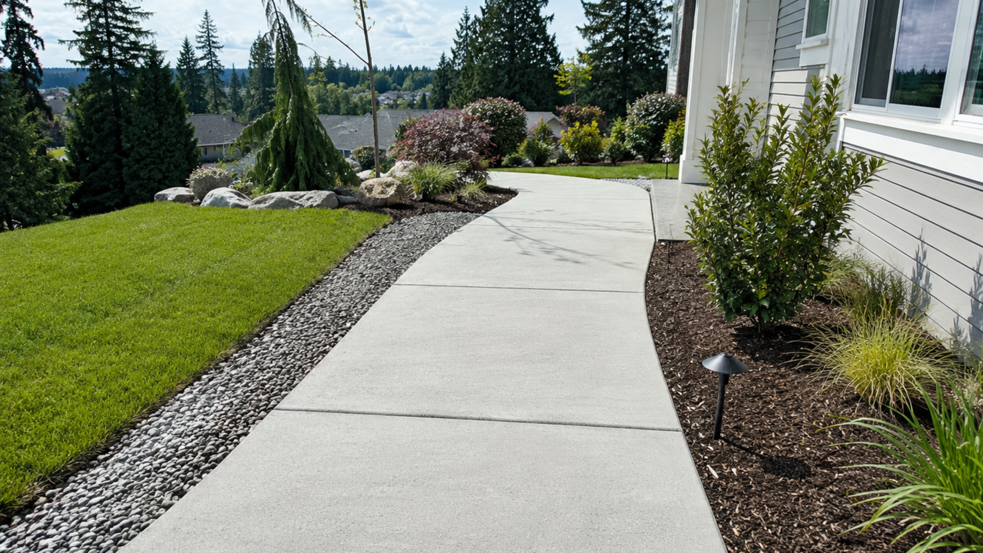 New broom-finish concrete walkway leading to a front entry at a Silverdale WA home