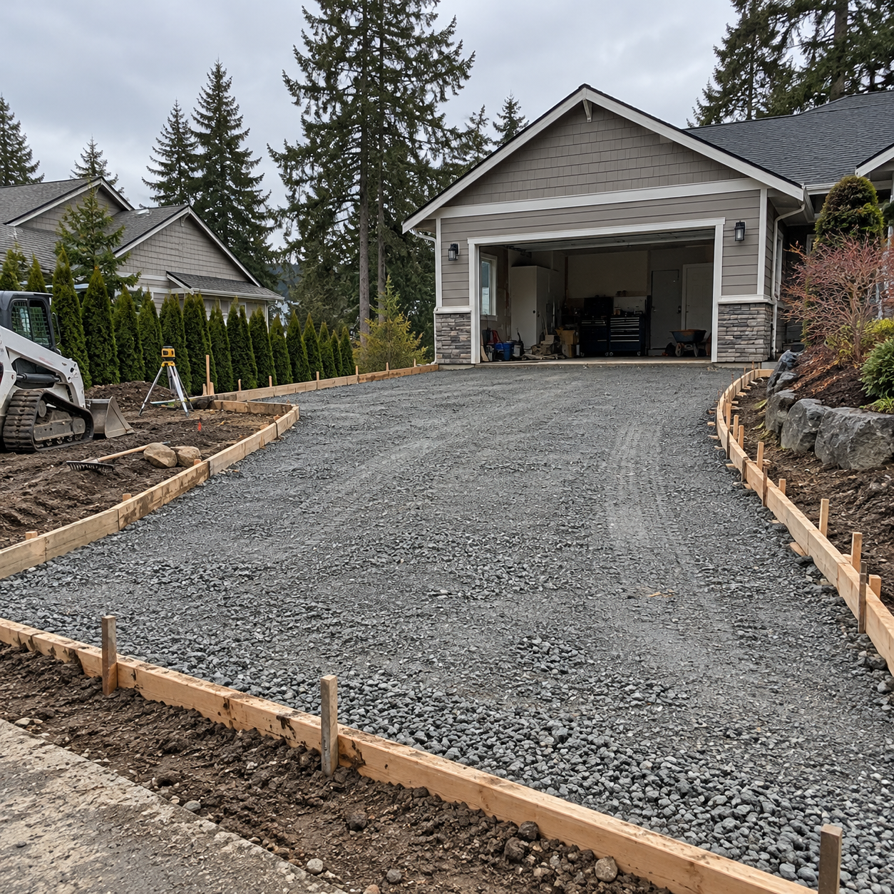 Base preparation stage of a concrete driveway installation in Kitsap County