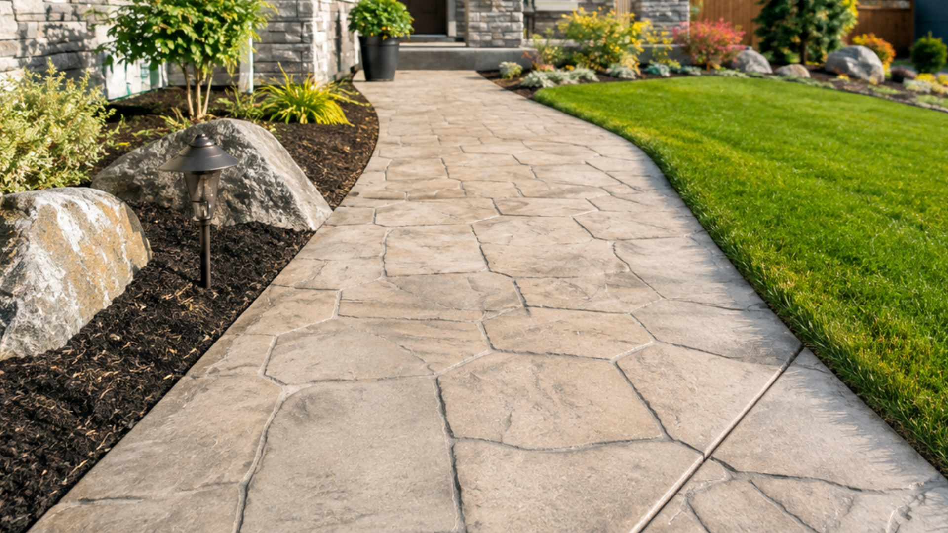 Stamped concrete walkway mimicking stone pattern at a Silverdale WA home