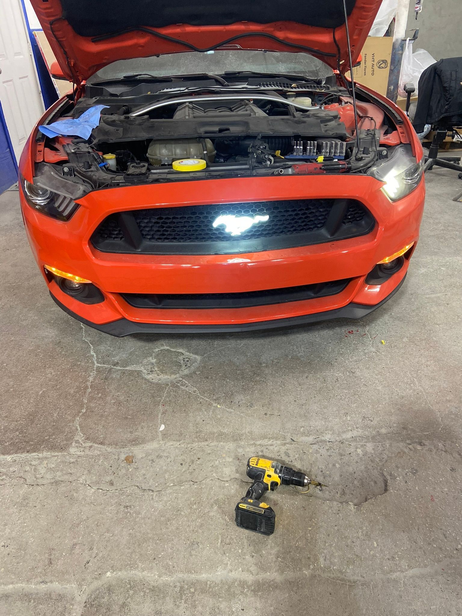 A Red Ford Mustang with The Hood up And a Drill on The Ground — Chicago, IL — Ecuamex Autobody Inc.