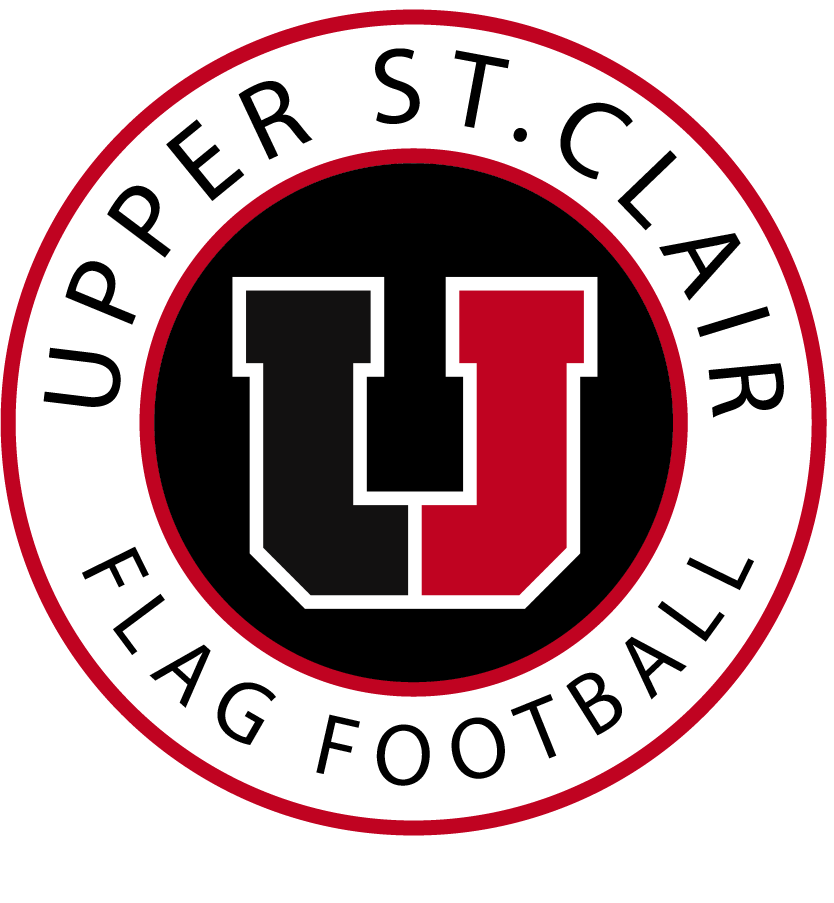 Upper St. Clair Flag Football circular logo with black, red, and white stylized U