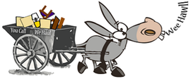 Cartoon donkey pulls a wagon with “You can’t take it with you” and a “Weed it!” sign.