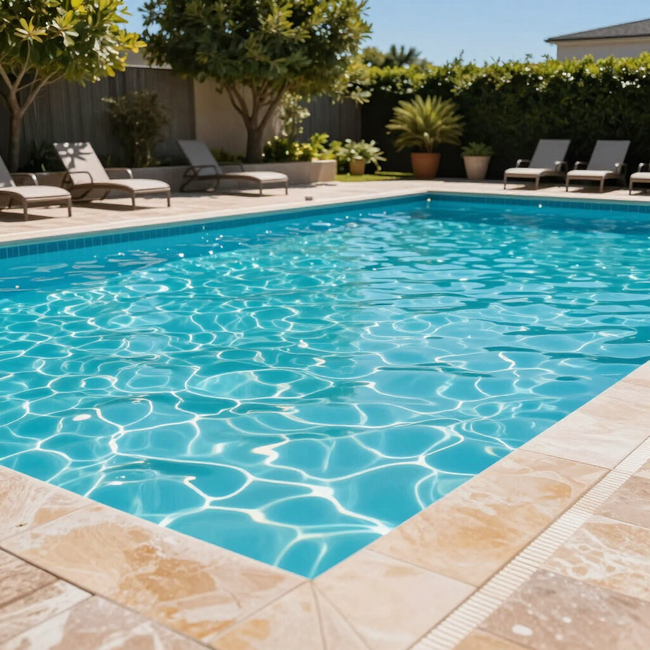Sunny backyard swimming pool with turquoise water, tan stone deck, and lounge chairs under trees
