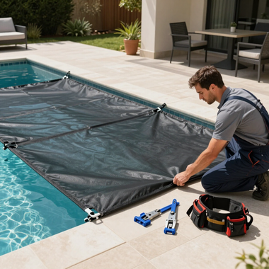 Man installing a black safety cover over a swimming pool beside tools on a patio