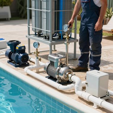 Worker inspecting pool pump and piping beside a swimming pool