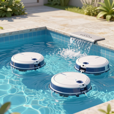 Three white robotic pool cleaners floating in a blue swimming pool with water spraying from the edge