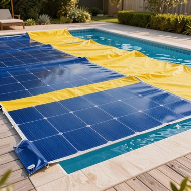 Blue and yellow solar pool cover floating over a backyard swimming pool