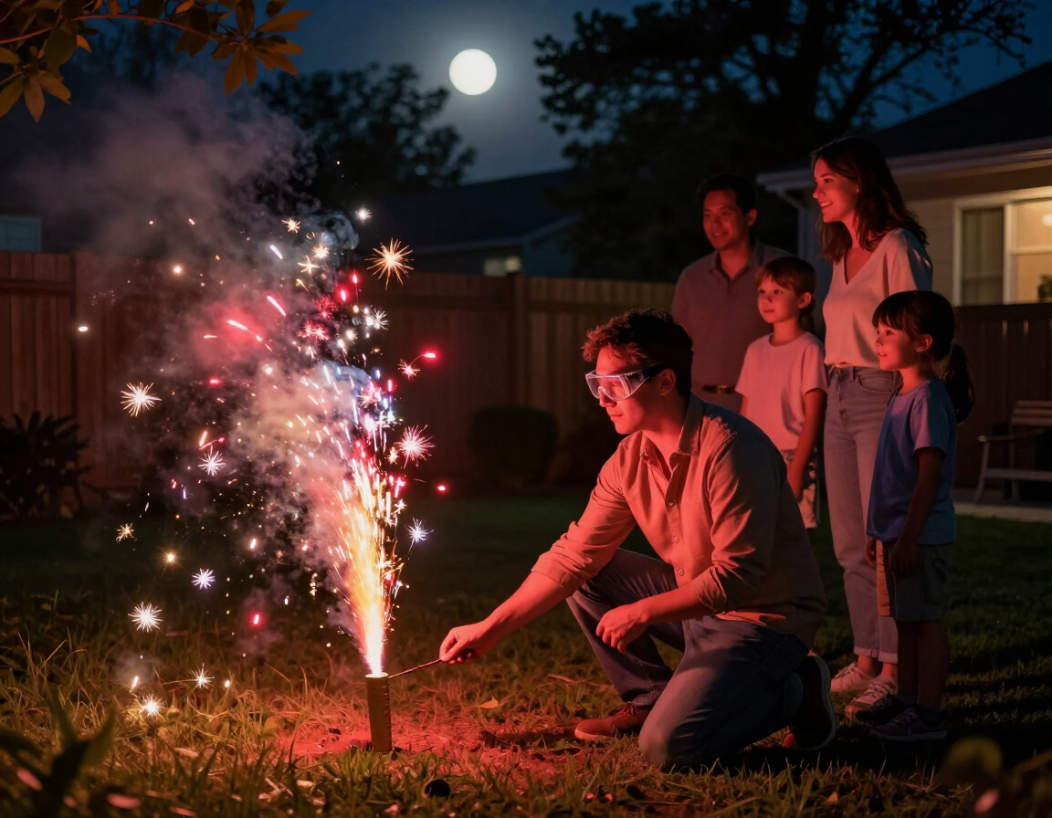 Adult safely lighting fireworks while family watches from a distance