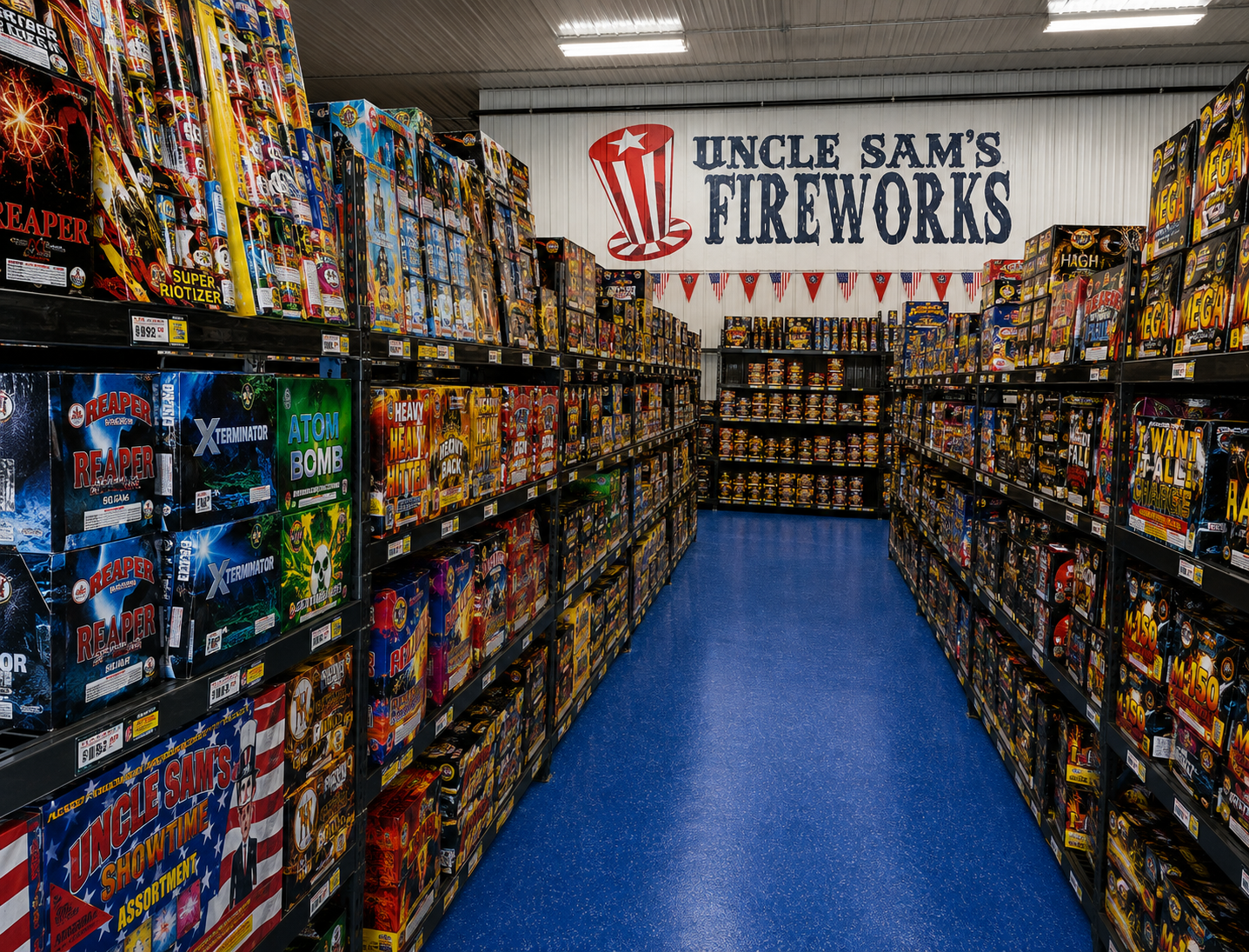 Uncle Sam's Fireworks store interior with wide aisles and friendly staff