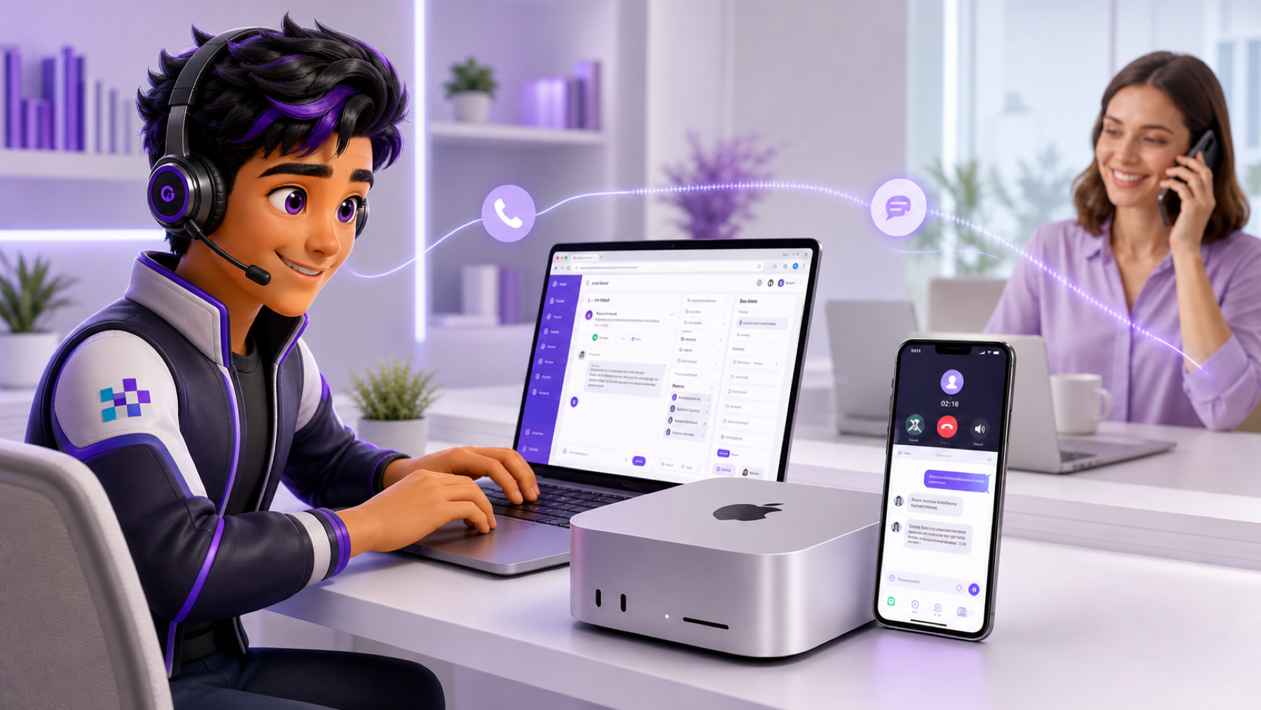 Friendly AI employee typing in a web browser and speaking by phone with a human customer, with a large dedicated Mac mini on the desk