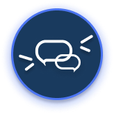 Two connected speech bubbles emitting sound waves, in a blue circle.