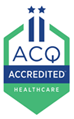 ACQ Accredited Healthcare logo: Green hexagon with blue bars, stars, and
