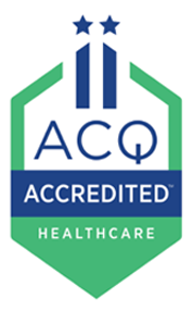 ACQ Accredited Healthcare logo: Green and blue geometric badge with 