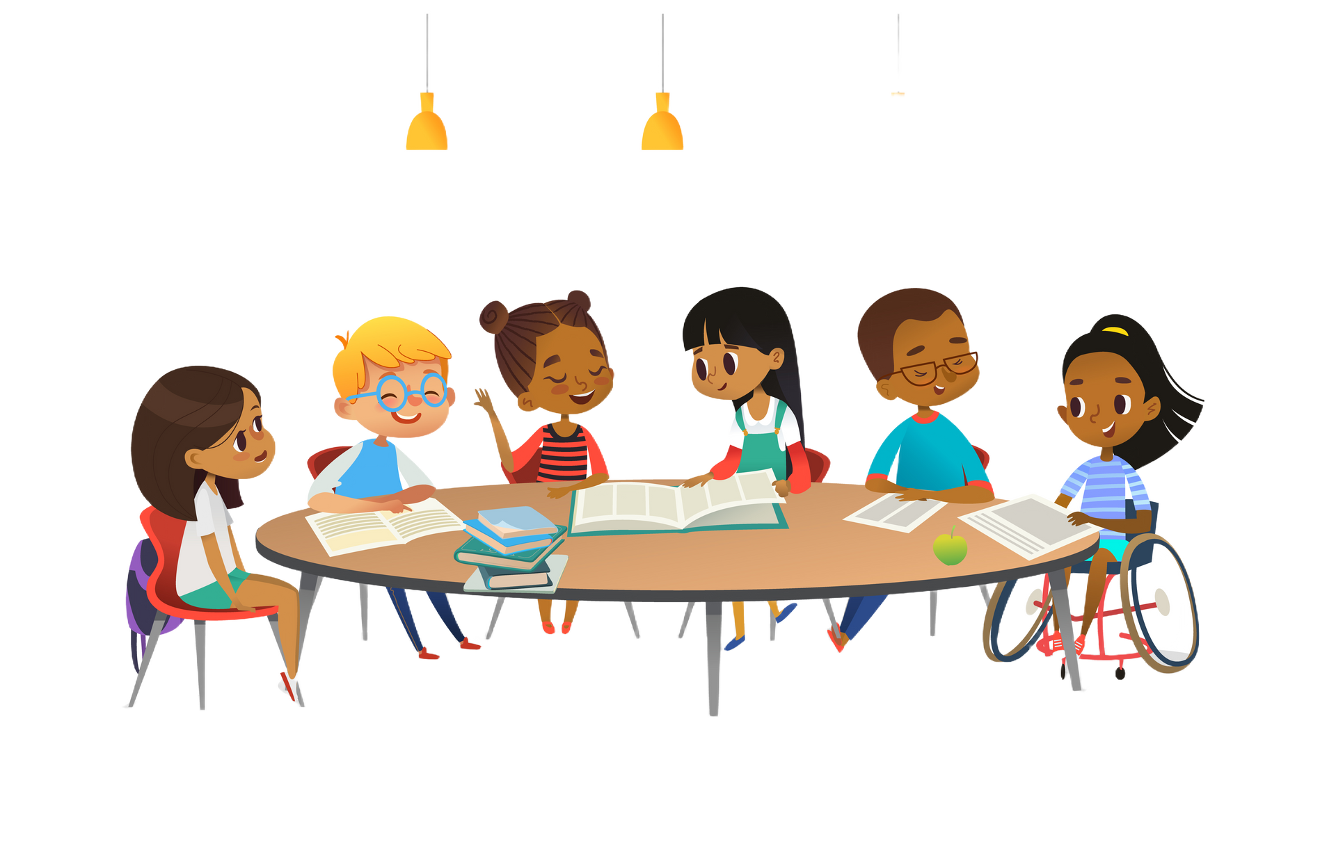 Cartoon of young children sitting at a table.