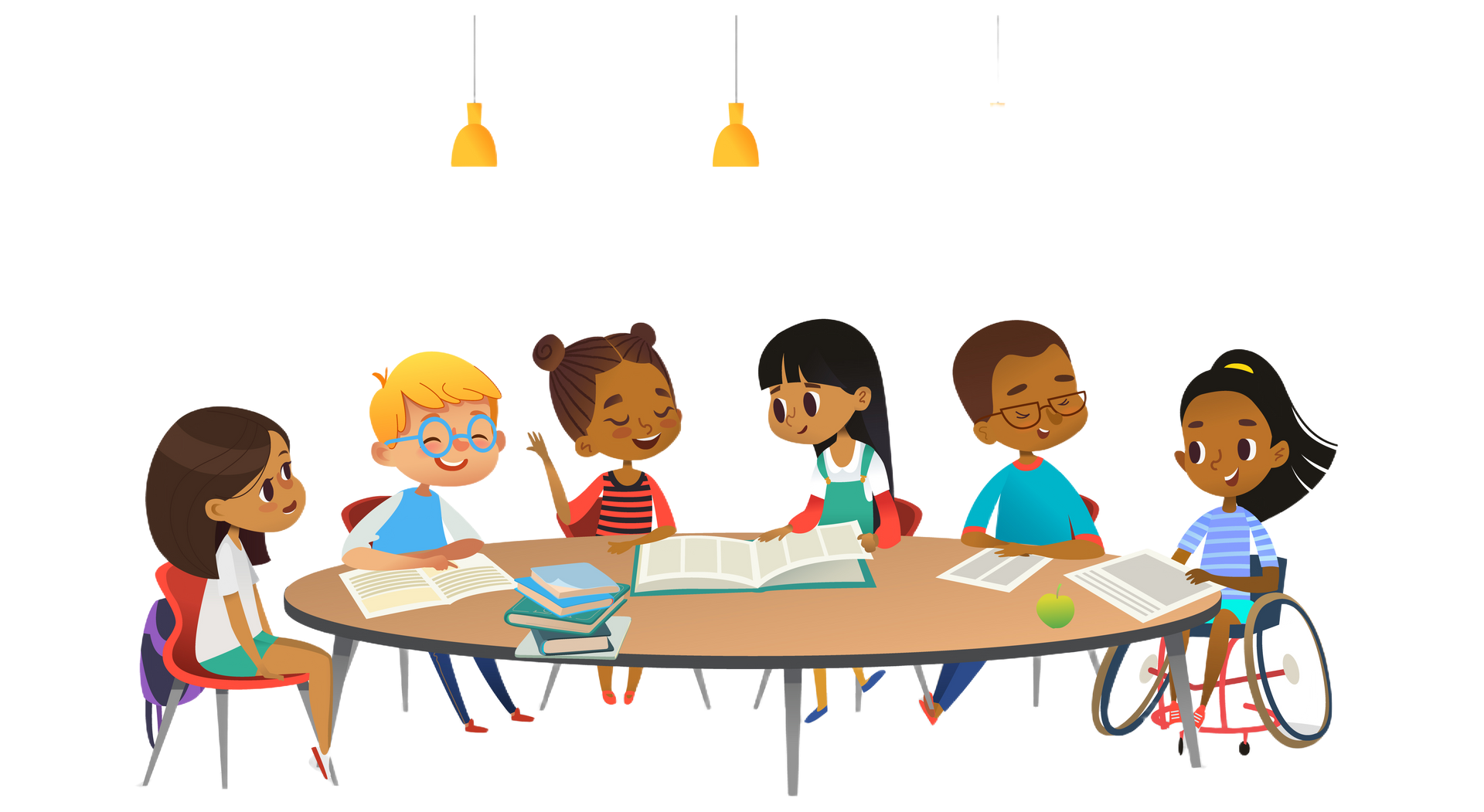 Children at a table, reading and interacting. One child in a wheelchair. Two overhead lights.