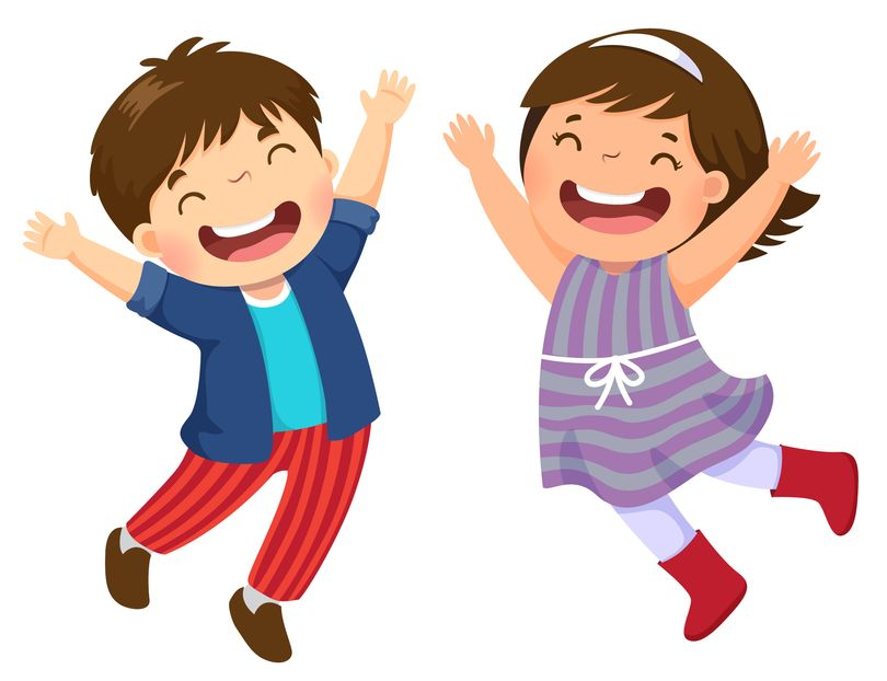 Cartoon of two children, arms raised, jumping and smiling. Boy in striped pants, girl in purple dress.