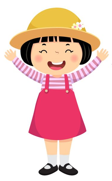 Cartoon of girl with open arms wearing a hat and pink dress.