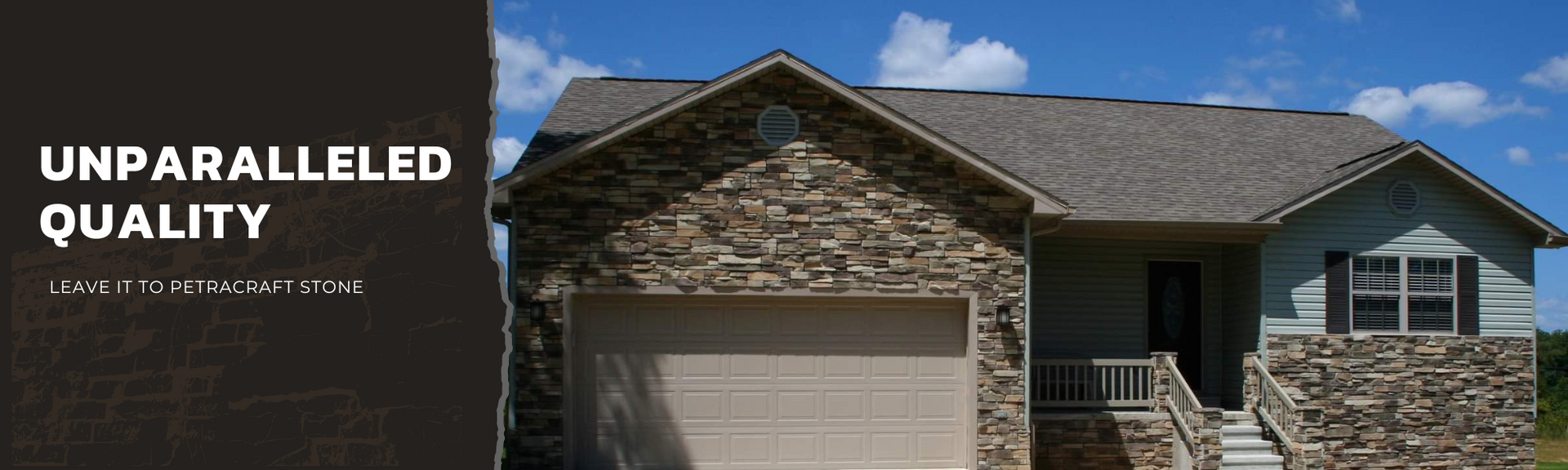 A single-story suburban house with a stone facade and shingled roof under a blue sky, next to text reading