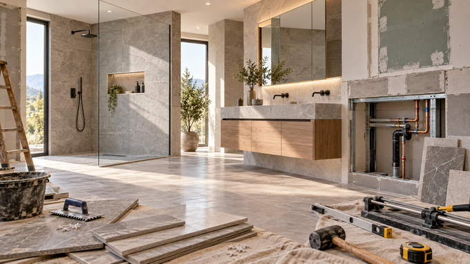 Cantiere di ristrutturazione con bagno non finito, pareti a vista, attrezzi per la posa delle piastrelle e materiali edili sul pavimento.