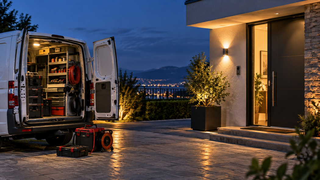 Un furgone aperto con attrezzi parcheggiato accanto a una casa moderna al crepuscolo, luci calde che illuminano il patio e il vialetto.